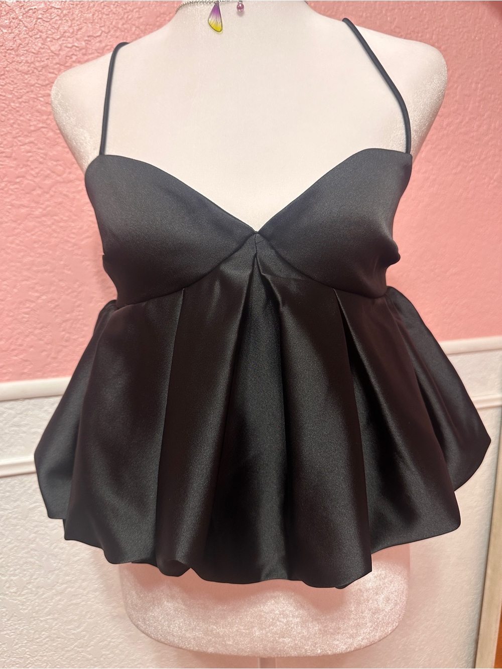 Black Satin Spaghetti Strap Peplum Top bubble detail sweetheart neckline NWT